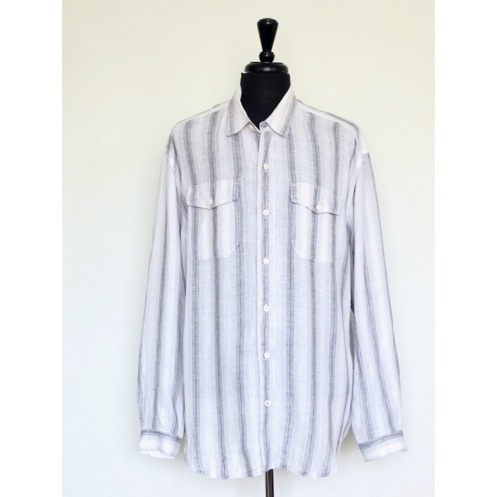 NEW! Tommy Bahama Relax 100% Linen Button Front Shirt Striped Gray White XXL